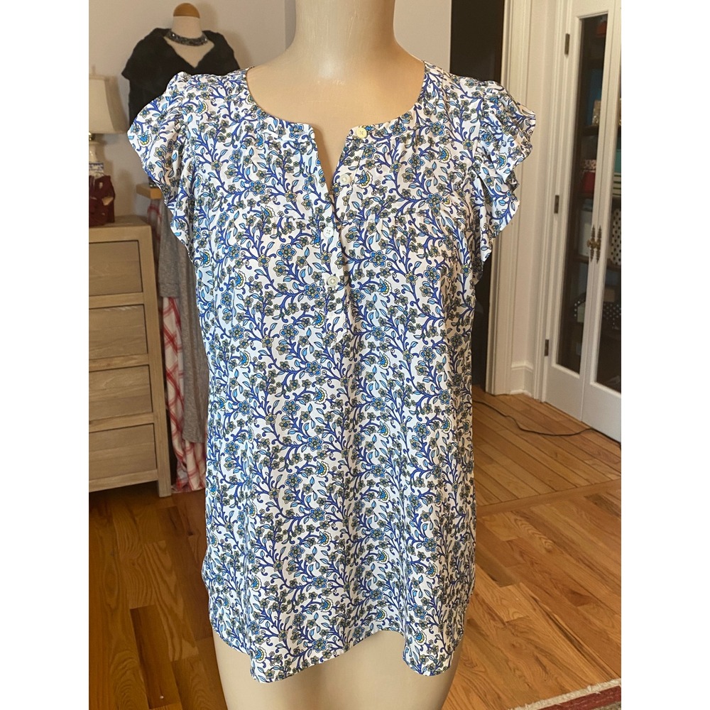 029 - Womens Blue Floral Ruffle Cap Sleeve Henley Blouse Top Blue Green White